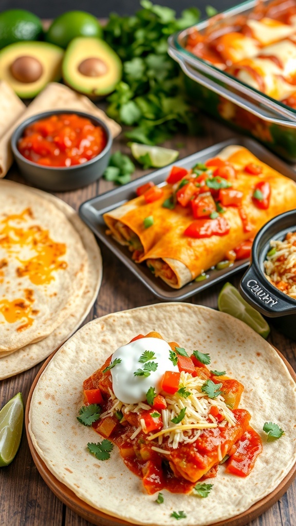 A variety of flour tortilla dishes including quesadillas, burritos, and enchiladas with fresh toppings.